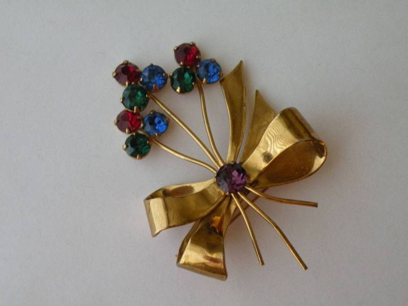 Coro Sterling Silber Vermeil Strass Bogen, Florale Brosche Anstecknadel von mybliss2010