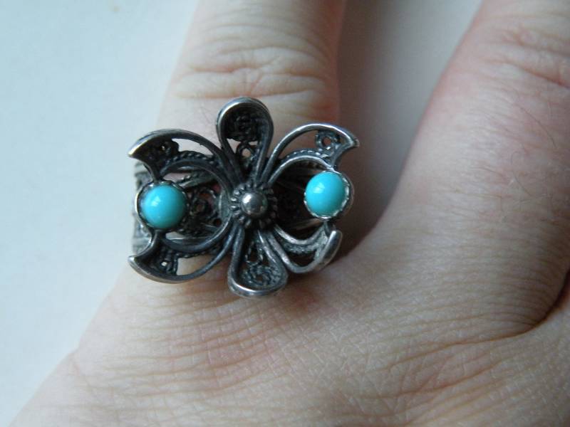 Handgemachter Filigraner Blumenring Aus Sterlingsilber Mit Blauen Steinen. Größe 7, 75 von mybliss2010