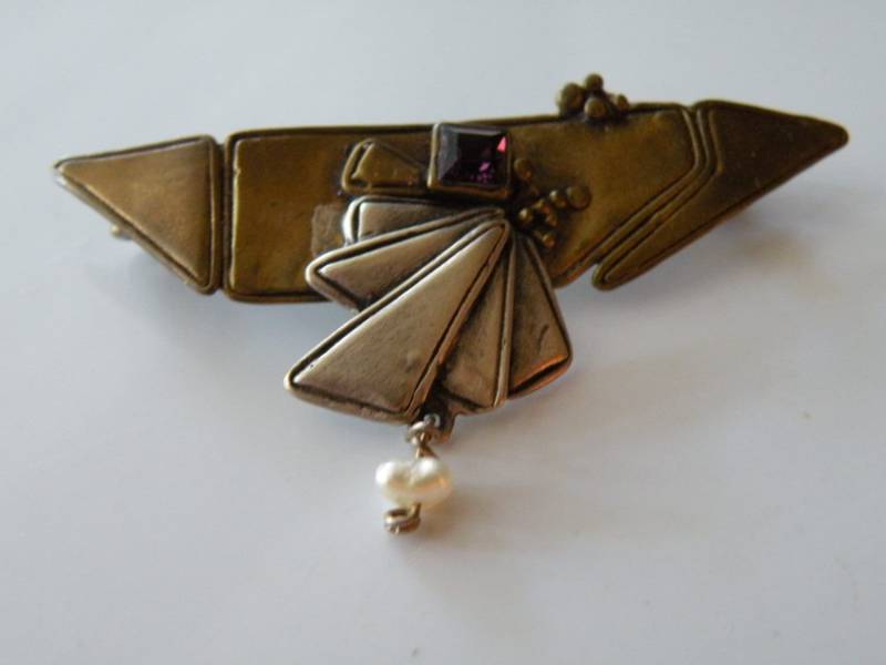 Messing 925Er Silber, Glas, Brosche Kunstperle. Handwerkliche Arbeit. Skulptural. 1980-Er Jahren von mybliss2010