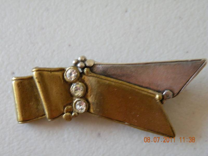 Messing Sterling Silber 925 Kristalle Bogen Brosche. Handwerkliche Arbeit. Skulptural. 1980-Er Jahren von mybliss2010