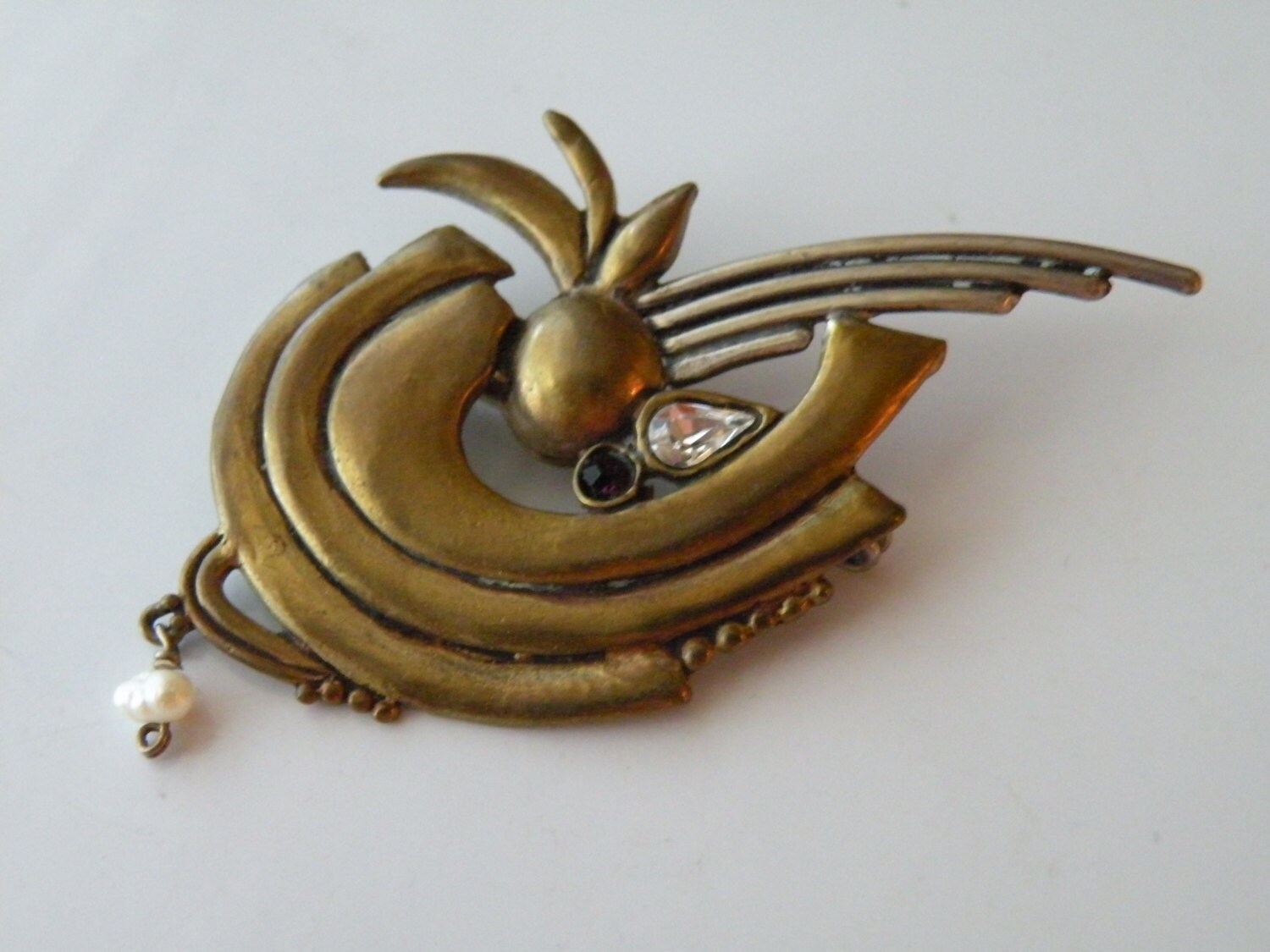 Messing Sterling Silber Amethyst Farbe Glas, Faux Perle Brosche, Pin Handwerkliche Arbeit. Skulpturale 1980-Er Jahre #17 von mybliss2010