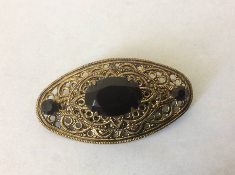 Schwarz Strass & Antiqued Gold Metal Filigrane Brosche Layered von mybliss2010