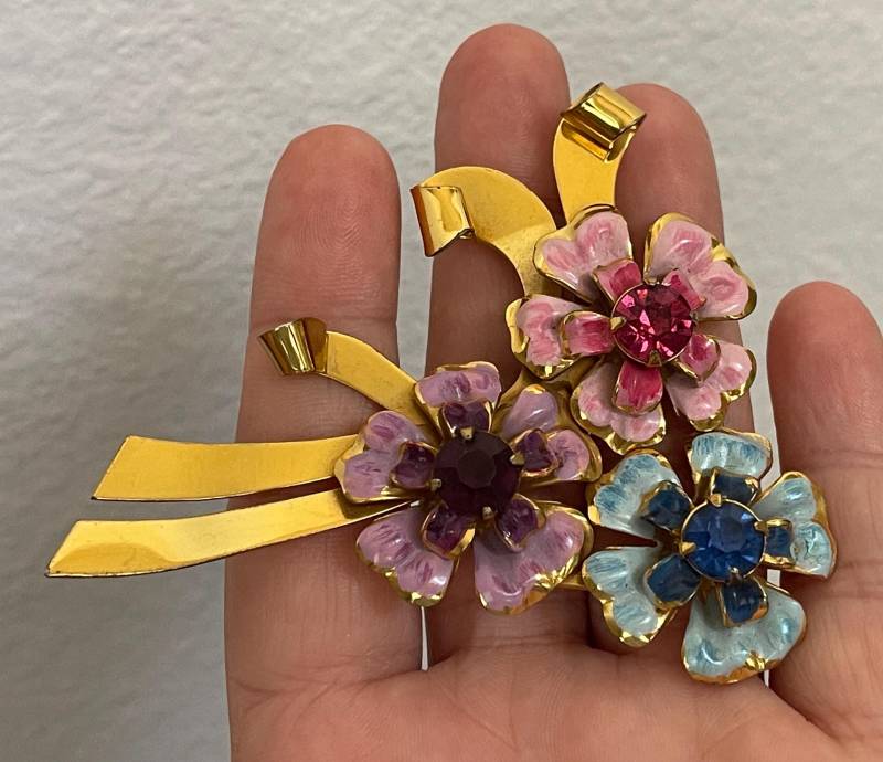 Sterling Craft By Coro Blumen Emaille Strass Brosche Anstecknadel. Silber Vergoldet von mybliss2010
