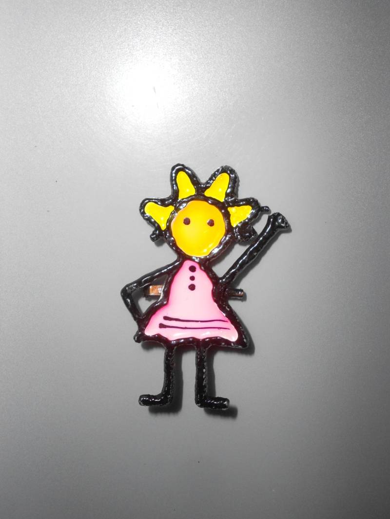 Happy Hello Stick Figure Pin-80's Girl Power Neon Hued Electric Pink Yellow Und Orange Emaillierte Skurrile Schwarze Brosche - Süßer Retro-Schmuck von myclosetshelf