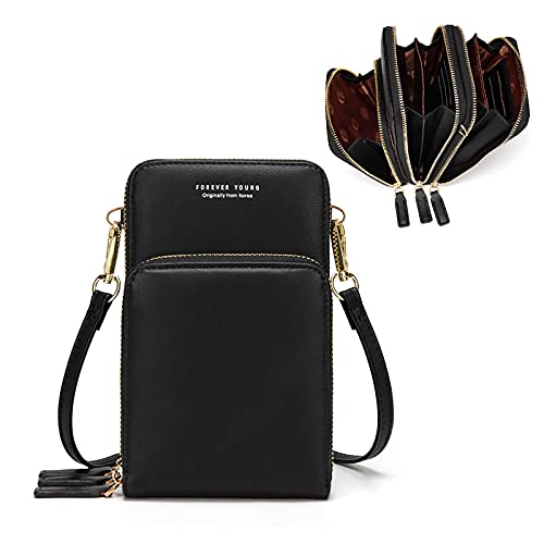 myfriday Kleine Umhängetasche Damen Kunstleder Crossbody Schultertasche Handtasche Geldbörse Handytasche 3 Reißverschlüssen Brieftasche mit Kartenfächern für Handys bis zu 7 Zoll von myfriday