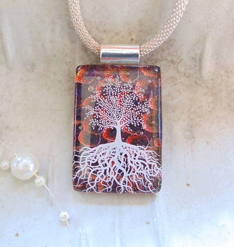 Baum Des Lebens Anhänger, Rotbraun, Dichroic Schmuck Aus Geschmolzenem Glas, Bildanhänger, Emaille, Kette Inklusive, A11B von myfusedglass