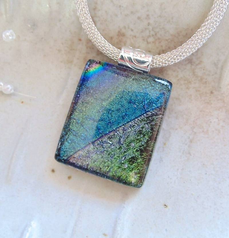 Grüne Halskette, Türkis, Grau, Blau, Dichroic Glas Anhänger, Schmuck Aus Geschmolzenem Glas, Halskette Inklusive, A10 von myfusedglass