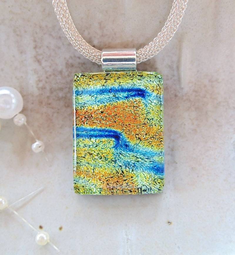 Orange Halskette, Blau, Gold, Dichroic Anhänger, Glasanhänger, Glasschmuck, Halskette Inklusive, A8 von myfusedglass