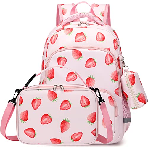 mygreen Kinder niedlich Obst Muster bedruckt Kinder Schule Tasche Bookbag Rucksack Set mit isolierten Lunch Bag und Münzbeutel für Mädchen, rosa Erdbeere von mygreen