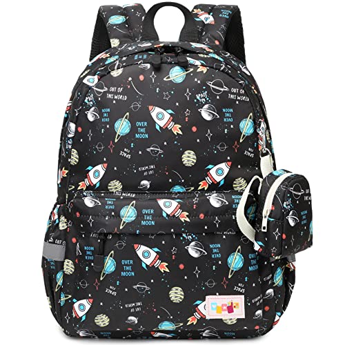 mygreen Kinderrucksack Jungen Kindergartentasche, Süßer Leichter Wasserabweisend Vorschule Rucksack Daypack Schultasche mit Brustgurt Vollständiger Druck Raketen Schwarz von mygreen