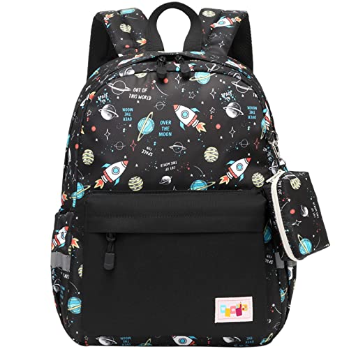 mygreen Kinderrucksack Jungen Kindergartentasche, Süßer leichter Wasserabweisend Vorschule Rucksack Daypack Schultasche mit Brustgurt Raketen Schwarz von mygreen