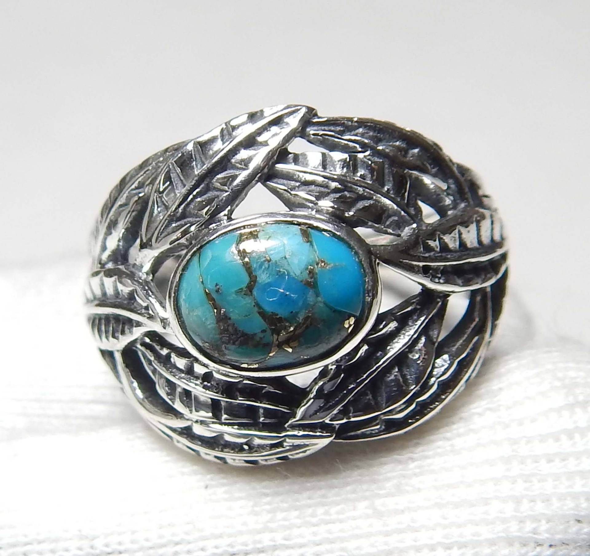 6x8mm Ovale Form Cabochon Blau Kupfer Türkis Ring, Handgefertigte Blatt Design Silber 925 Stempel Sterling Ring Für Unisex von myhealingworld