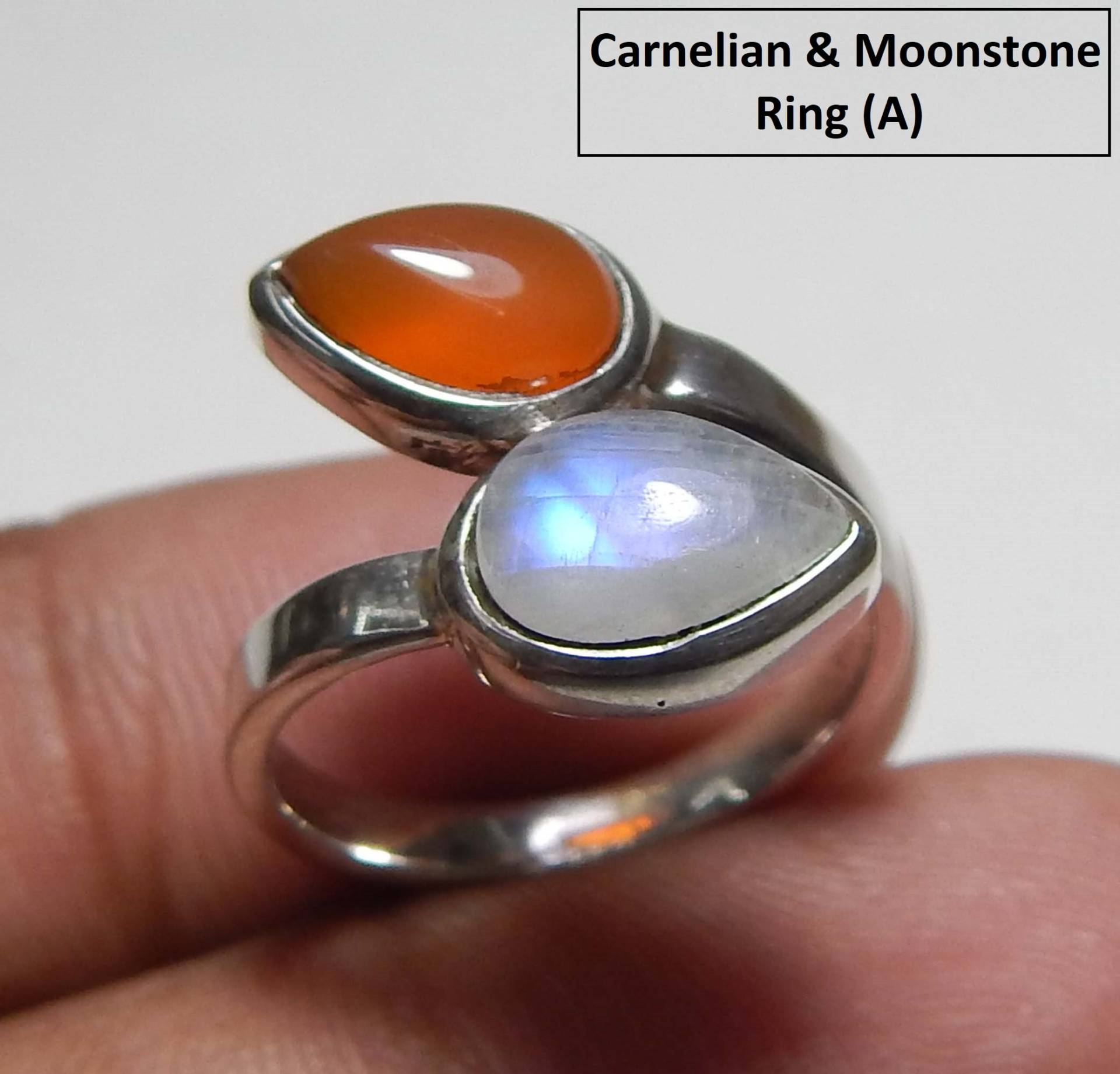 6x9mm Birnenform Cabochon Regenbogen Mondstein & Karneol Edelstein 925 Sterling Silber Handgemachter Ring, Aaa Qualität Schöne Ring von myhealingworld