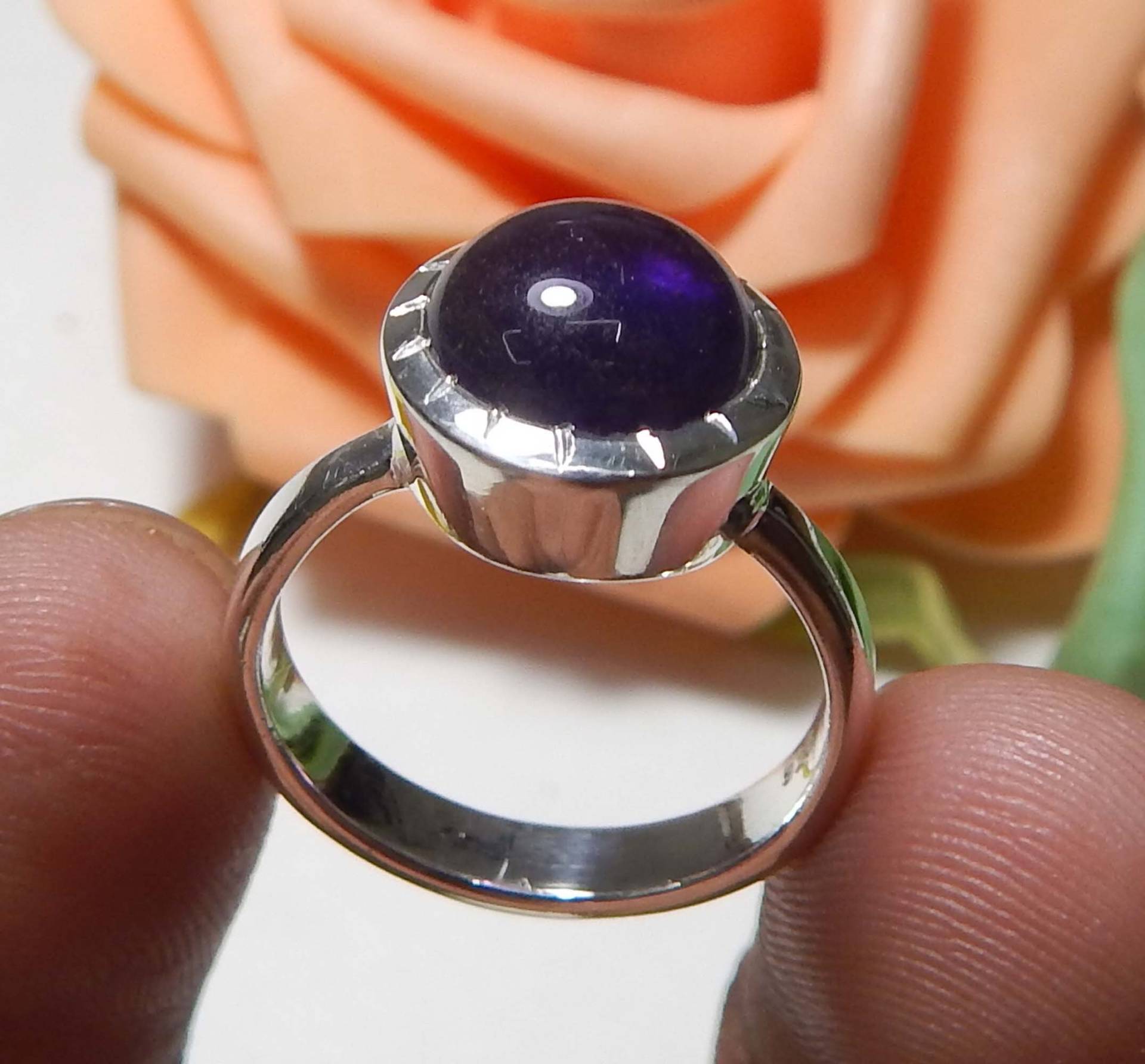 9mm Runde Form Cabochon Amethyst Edelstein Ring, 925 Stempel Sterling Silber Handgemachte Ring Für Unisex von myhealingworld