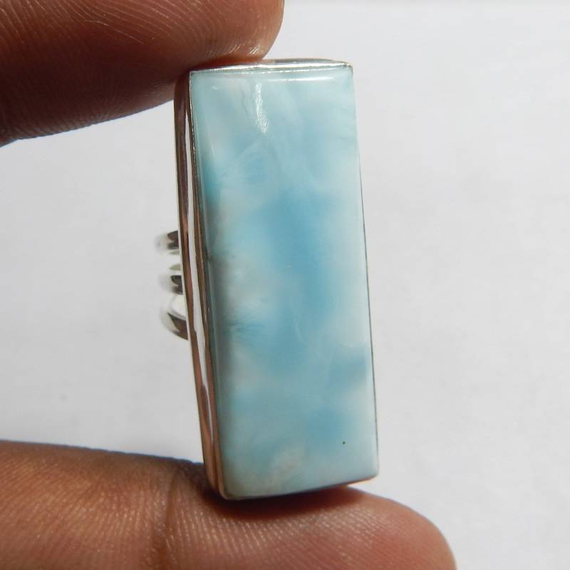 Aaa Grade Rechteck Form 14 X 36 Mm Cabochon Larimar Edelstein Split Schaft Typ 925 Stempel Sterling Silber Ring Schmuck. Größe 54 von myhealingworld