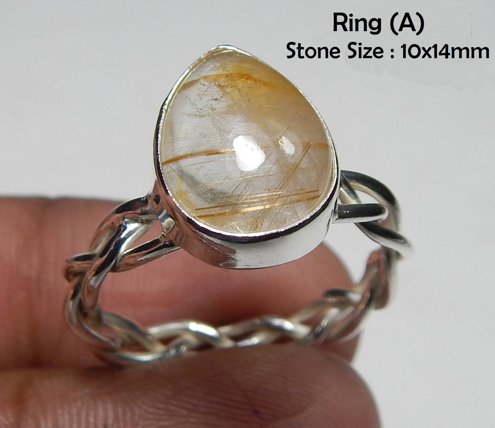 Birnenform Cabochon Goldener Rutilstein 925 Sterling Silber Designer Band Ring Schmuck Geschenk Für Ihre Geliebte Einmal. Verkauf von myhealingworld