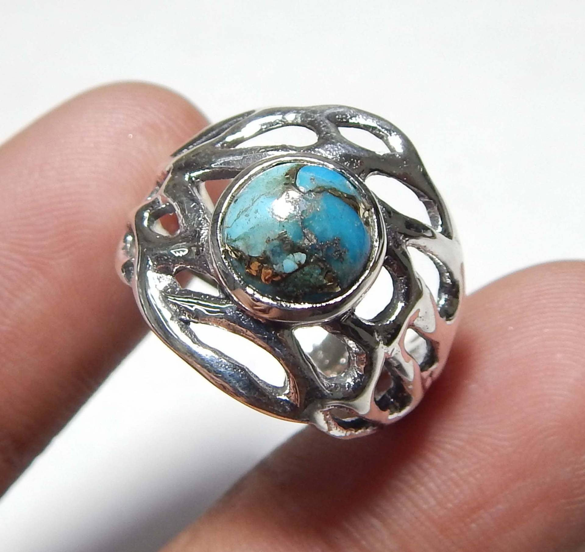 Cabochon Blau Kupfer Türkis Ring, 8mm Runde Form Edelstein 925 Sterling Silber Handgemachte Designer Ring Für Unisex von myhealingworld