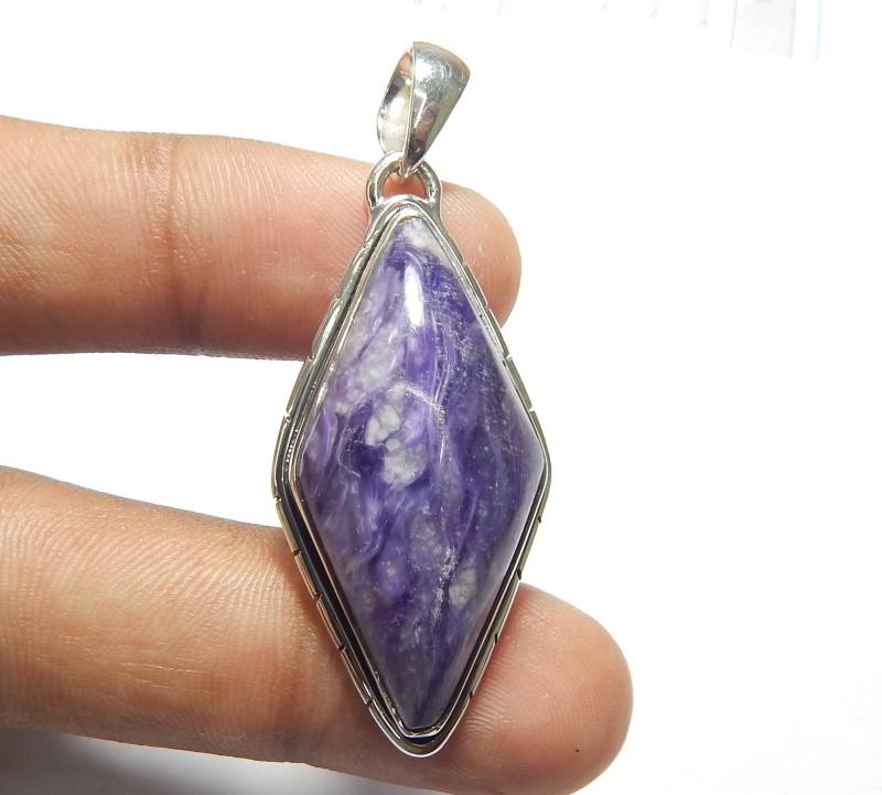 Charoite Edelstein Anhänger, Rhombus Form Handgemachter Designer 925 Sterling Silber Anhänger von myhealingworld
