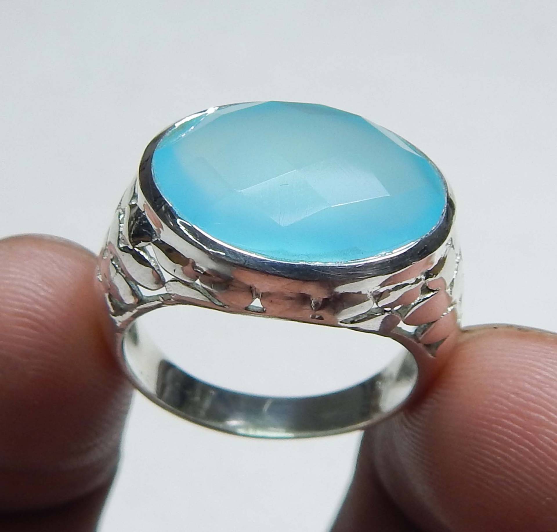 Checker Cut Blauer Chalcedon Ring, 12x16mm Oval Sterling Silber Schöne Ring von myhealingworld