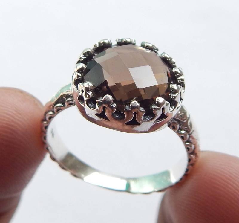 Checker Cut Facettierter Rauchquarz 11 Mm Runde Form Edelstein Ring, 925 Sterling Silber Handgemachtes Einzigartiges Designer Ring Geschenk Für von myhealingworld