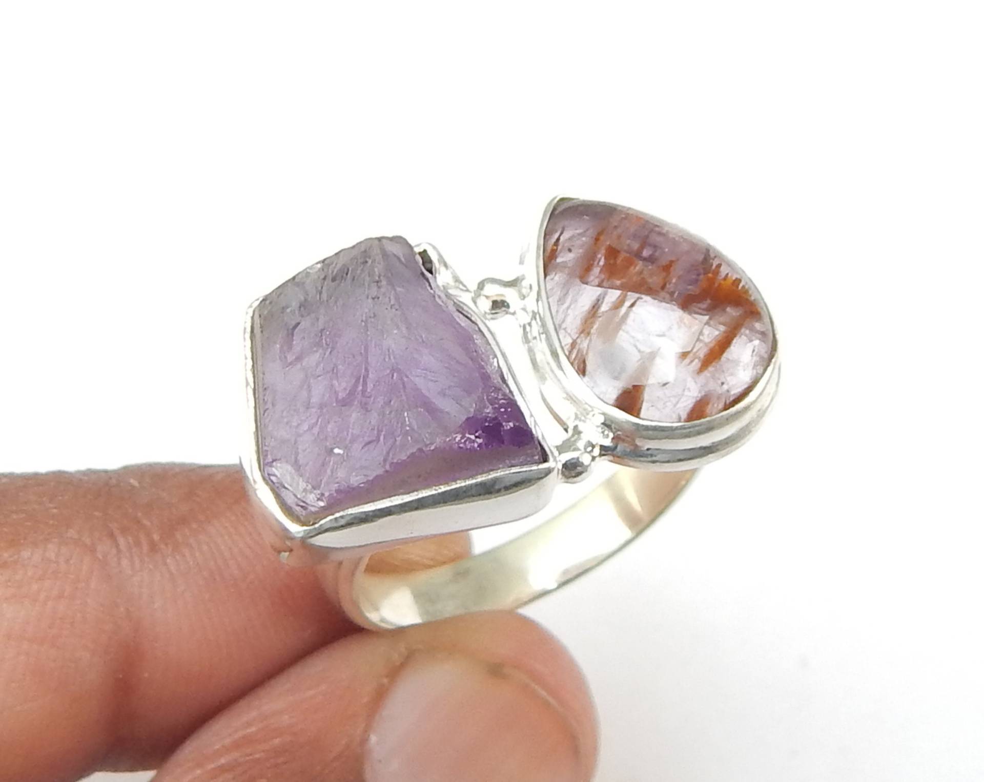 Roher Amethyst & Cabochon Cacoxenit Ring, Multi Edelstein 925 Sterling Silber Natürlicher Edelstein von myhealingworld