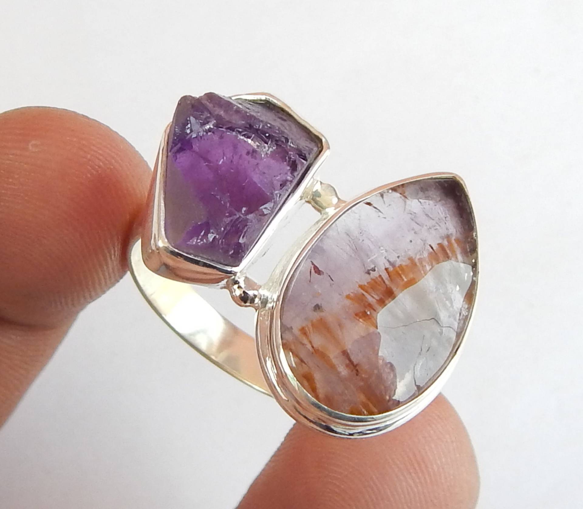 Roher Amethyst & Cabochon Cacoxenit Ring, Multi Edelstein 925 Sterling Silber Natürlicher Edelstein von myhealingworld