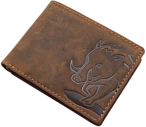 Echt Büffel-Vollleder Geldbörse/Geldbeutel/Portemonnaie in Hoch- oder Querformat mit Wildschwein-Motiv oder ohne Motiv mit RFID & NFC Schutz (Modell 2 / Querformat/Braun) von myledershop
