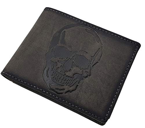 myledershop Echt Büffel-Vollleder Geldbörse/Geldbeutel/Portemonnaie/Portmonaise/Geldtasche/Portmonee in Querformat mit Totenkopf-Motiv mit RFID & NFC Schutz in Braun oder Grau (Grau) von myledershop