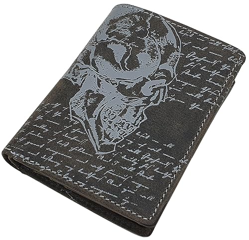 Echt Büffel-Vollleder Geldbörse / Geldbeutel / Portemonnaie / Geldtasche / Portmonee in Hoch- oder Querformat mit Totenkopf-Motiv mit RFID & NFC Schutz in 3 Farben (Modell 1 / Hochformat / Grau) von myledershop