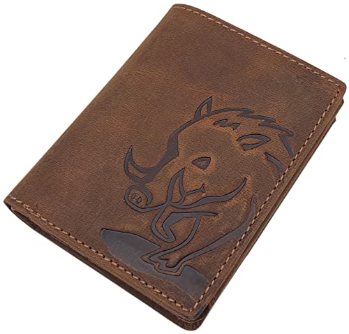 Echt Büffel-Vollleder Geldbörse/Geldbeutel/Portemonnaie in Hoch- oder Querformat mit Wildschwein-Motiv oder ohne Motiv mit RFID & NFC Schutz (Modell 1 / Hochformat/Braun) von myledershop