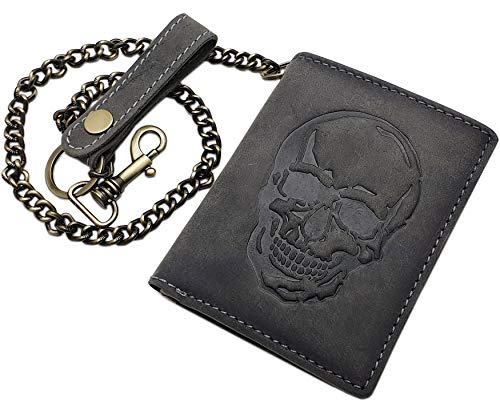 myledershop Echt Büffel-Vollleder Hochformat Bikerbörse/Geldbörse/Geldbeutel/Portemonnaie mit Metallkette mit Totenkopf-Motiv oder ohne Motiv mit RFID & NFC Schutz (Totenkopf-Motiv/Vintage-Grau) von myledershop