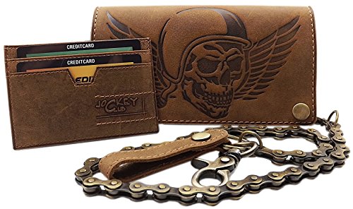 myledershop Echt Büffel-Vollleder Querformat Bikerbörse/Geldbörse/Geldbeutel/Portemonnaie mit Metallkette und Totenkopf-Motiv mit herausnehmbarem Kartenetui mit RFID & NFC Schutz (Braun) von myledershop