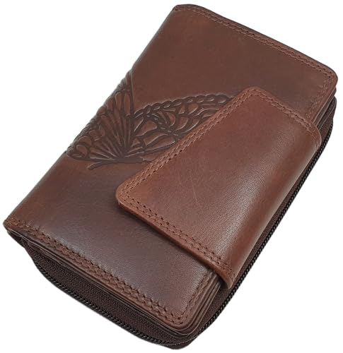 Echt Rindleder Damen Geldbörse/Geldbeutel/Portemonnaie/Geldtasche/Portmonee in Hochformat mit Schmetterling-Motiv oder ohne Motiv mit RFID & NFC Schutz (Braun) von myledershop