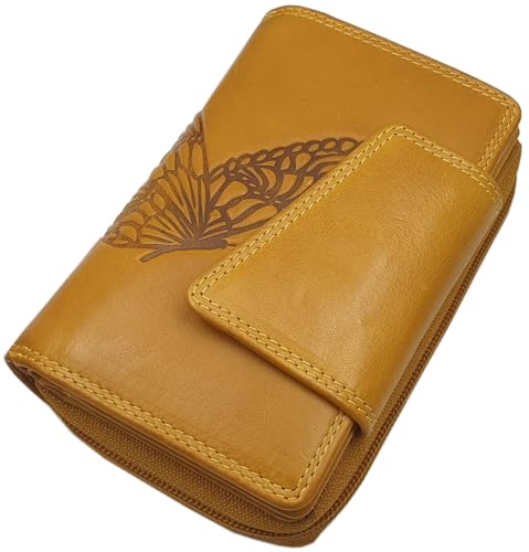 Echt Rindleder Damen Geldbörse/Geldbeutel/Portemonnaie/Geldtasche/Portmonee in Hochformat mit Schmetterling-Motiv oder ohne Motiv mit RFID & NFC Schutz (Gelb) von myledershop
