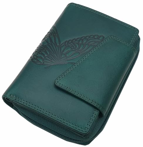 Echt Rindleder Damen Geldbörse/Geldbeutel/Portemonnaie/Geldtasche/Portmonee in Hochformat mit Schmetterling-Motiv oder ohne Motiv mit RFID & NFC Schutz (Petrol) von myledershop