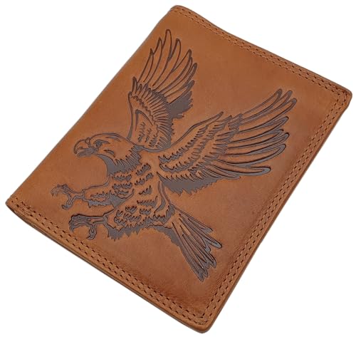 Echt Rindleder Geldbörse / Geldbörse / Geldbeutel / Portemonnaie / Portmonaise / Geldtasche / in Hoch- oder Querformat mit Adler-Motiv mit RFID & NFC Schutz in Cognac (Modell 1 / Hochformat / Cognac) von myledershop