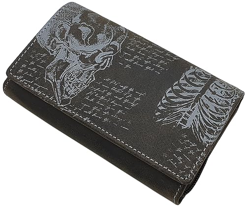 Große Büffel-Vollleder Damen Geldbörse / Geldbeutel / Portemonnaie / Portmonaise / Geldtasche / Portmonee mit Totenkopf-Motiv mit RFID & NFC Schutz in 3 Farben (Grau) von myledershop
