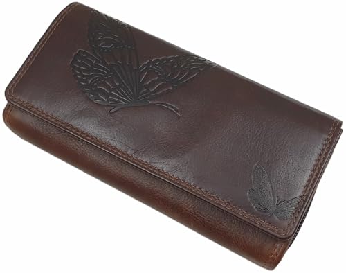 Große Rindleder Damen Geldbörse/Geldbeutel/Portemonnaie/Geldtasche mit RFID & NFC Schutz (Mit Schmetterling-Motiv/Braun) von myledershop
