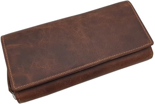 Große Vollrindleder Damen Geldbörse/Geldbeutel/Portemonnaie/Geldtasche/Portmonee mit Lianen Prägung oder ohne Prägung und RFID & NFC Schutz inkl. Nähset (Ohne Prägung/Cognac) von myledershop