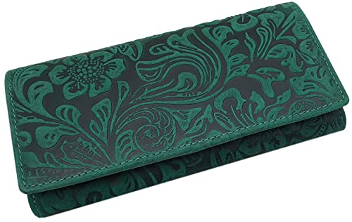 Große Vollrindleder Damen Geldbörse/Geldbeutel/Portemonnaie/Geldtasche/Portmonee mit Lianen Prägung oder ohne Prägung und RFID & NFC Schutz inkl. Nähset (Mit Lianen Prägung/Petrol) von myledershop