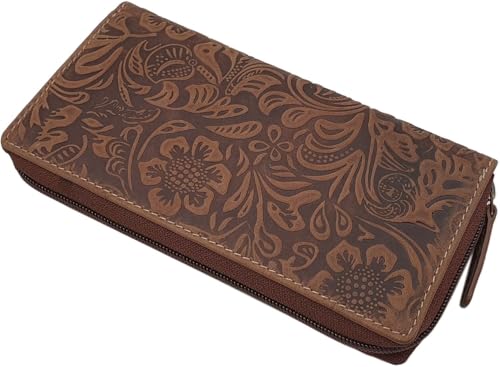 Große Vollrindleder Damen Geldbörse / Geldbeutel / Portemonnaie / Geldtasche / Portmonee rundherum mit Lianen Prägung oder ohne Prägung und RFID & NFC Schutz inkl. Nähset (Mit Lianen Prägung / Cognac) von myledershop