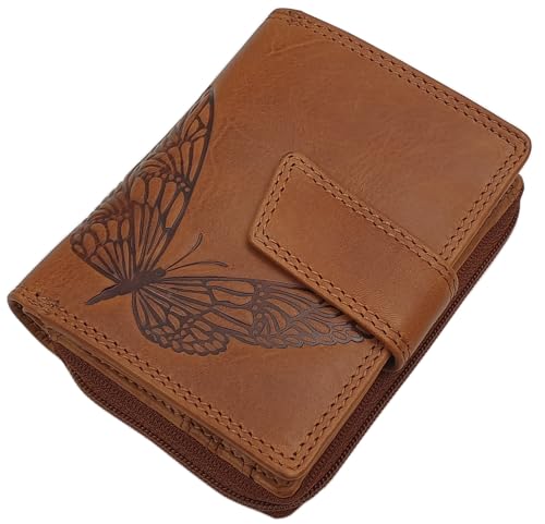 Kleine Echt Rindleder Damen Geldbörse/Geldbeutel/Portemonnaie/Geldtasche in Hochformat mit RFID & NFC Schutz (Mit Schmetterling-Motiv/Cognac) von myledershop