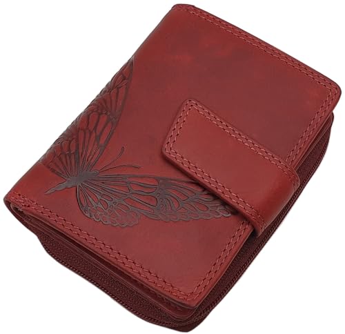 Kleine Echt Rindleder Damen Geldbörse/Geldbeutel/Portemonnaie/Geldtasche in Hochformat mit RFID & NFC Schutz (Mit Schmetterling-Motiv/Kirschrot) von myledershop