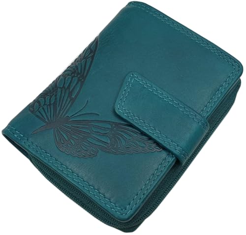 Kleine Echt Rindleder Damen Geldbörse/Geldbeutel/Portemonnaie/Geldtasche in Hochformat mit RFID & NFC Schutz (Mit Schmetterling-Motiv/Petrol) von myledershop