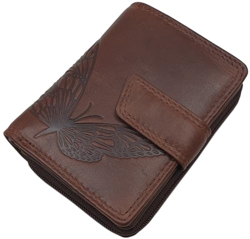 Kleine Echt Rindleder Damen Geldbörse/Geldbeutel/Portemonnaie/Geldtasche in Hochformat mit Schmetterling-Motiv oder ohne Motiv mit RFID & NFC Schutz (Braun) von myledershop