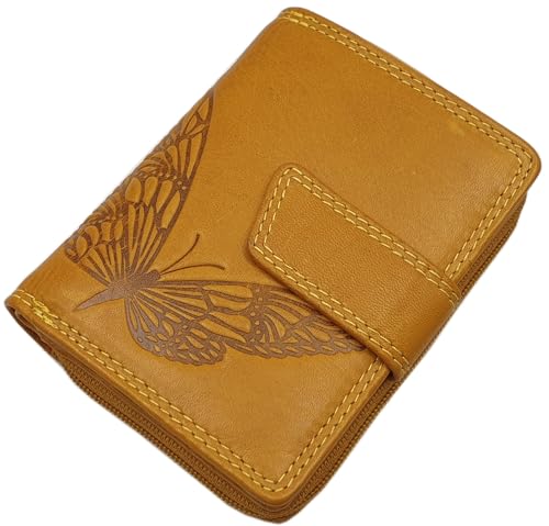 Kleine Echt Rindleder Damen Geldbörse/Geldbeutel/Portemonnaie/Geldtasche in Hochformat mit Schmetterling-Motiv oder ohne Motiv mit RFID & NFC Schutz (Gelb) von myledershop