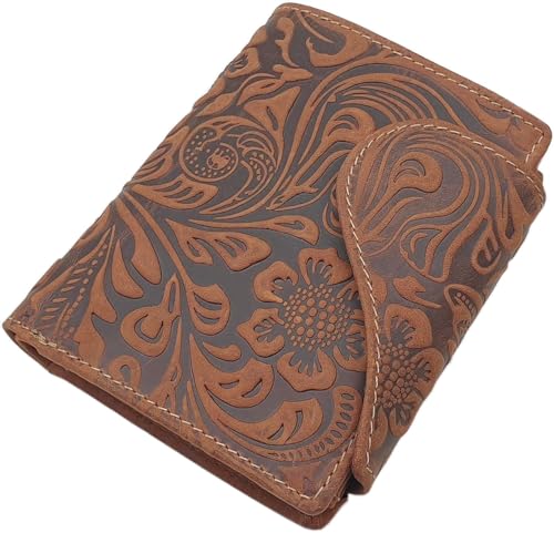 Vollrindleder Damen Hochformat Geldbörse/Geldbeutel/Portemonnaie mit Außenriegel mit Lianen Prägung oder ohne Prägung und RFID & NFC Schutz inkl. Nähset (Mit Lianen Prägung/Cognac) von myledershop