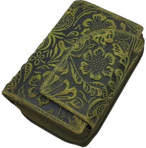 myledershop Büffel-Vollleder Damen Hochformat Geldbörse/Geldbeutel/Portemonnaie mit Außenriegel mit Lianen Prägung und RFID & NFC Schutz (Lemongrün) von myledershop