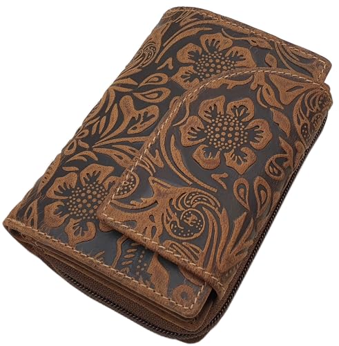 myledershop Büffel-Vollleder Damen Hochformat Geldbörse/Geldbeutel/Portemonnaie mit Außenriegel mit Lianen Prägung und RFID & NFC Schutz (Mit Lianen Prägung/Cognac) von myledershop