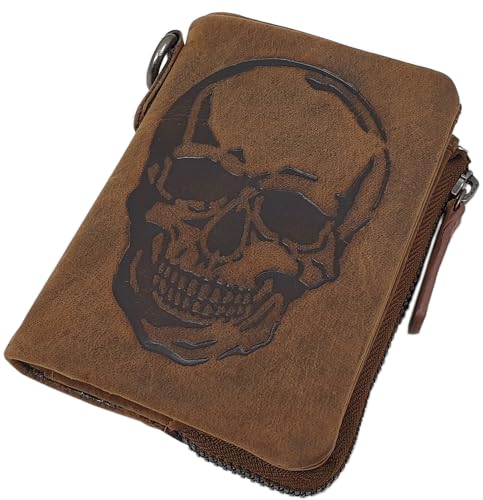 myledershop Büffel-Vollleder Geldbörse/Geldbeutel/Portemonnaie/Portmonaise/Geldtasche/Portmonee mit Totenkopf-Motiv und RFID & NFC Schutz (Totenkopf-Motiv/Cognac) von myledershop